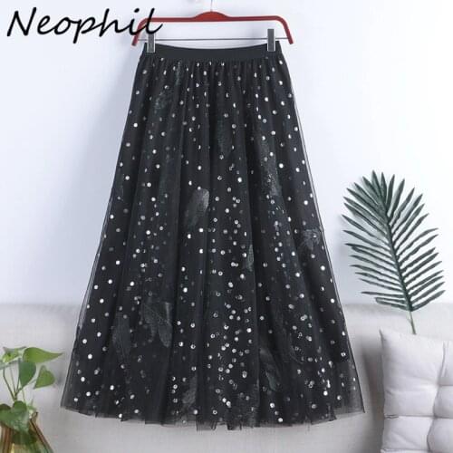 Neophil Vintage Feathers Embroidery Mesh Midi Skirts Women 2021 Summer Ladies Retro Beading Tulle A-Line Skirt Saia Falda S21630