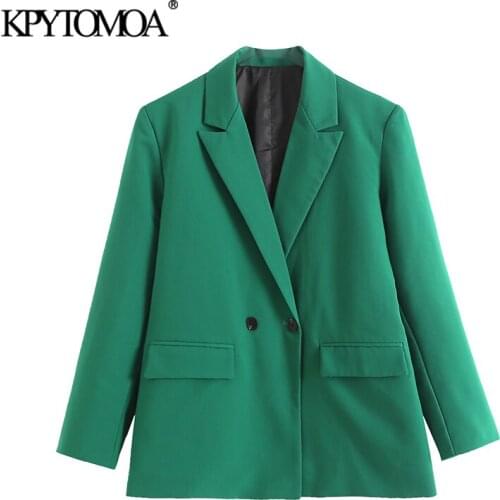 KPYTOMOA Women 2021 Fashion Oversized Double Breasted Blazer Coat Vintage Long Sleeve Flap Pockets Female Outerwear Chic Veste