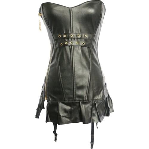 Women Black Faux Leather Burlesque Steampunk Corset Dress Gothic PVC Overbust Corset Top Mini Skirt Wetlook Clubwear Dresses