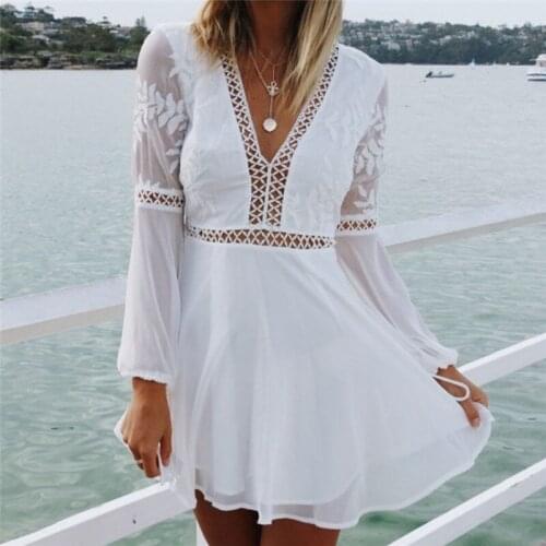 Women Fall Casual Backless White Dresses Hot Sale Sexy Lace Flower Evening Party Short Mini Dress Long Sleeve V-Neck White Dress