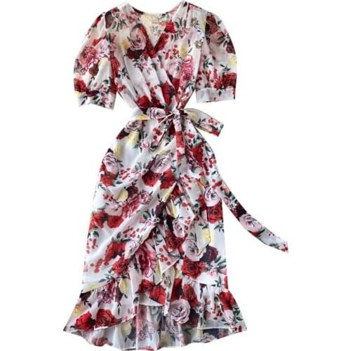 New Summer Women Sexy V-Neck Puff Sleeve One Piece Dress Sweet Rose Flowers Print Ruffles Hem Chiffon Dress