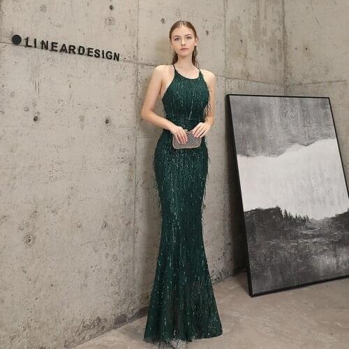 2020 Sexy Sequined Vestidos De Gala Party Dress Halter Sleeveless Backless Tassel Long Mermaid Dress Robe Side Slit Party Dress