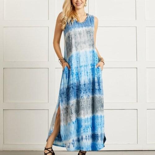 Sexy Womens Tie-dye Print Split Dress Vintage Irregular Hem V-neck Sleeveless Long Dress Casual Beach Party Vestidos
