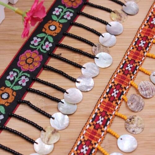 1Yards/Lot Vintage Shell Beaded Lace Copper Tassel Lace Ribbon Bohemian Silk Tassel Fringe Trim Handmade Tassels for Jewelry Diy