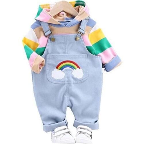 2019 Full Sleeve Colorful Striped Hooded Sweatshirt+Embroidery Rainbow Jeans Overall Pants Girls Clothing Sets 2pc Kids Clothes