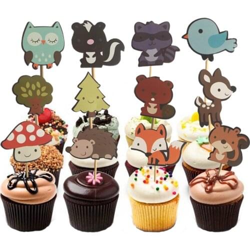24pcs Woodland Creatures Cake Toppers Jungle Forest Animal Cupcake Toppers for Kids Birthday Party Decorations Dessert supplies