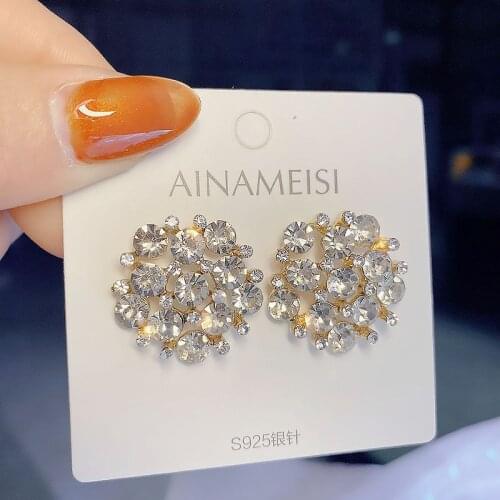 AINAMEISI Female Luxury Crystal Round Stud Earrings Vintage Silver Color Wedding Jewelry White Zircon Stone Earrings For Women
