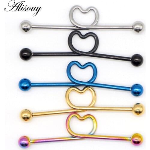 Alisouy 1piece 5 color Surgical Stainless Steel 1.6*38*5/5mm Love heart Long Industrial Barbells Heart Ear Body Piercing Jewelry