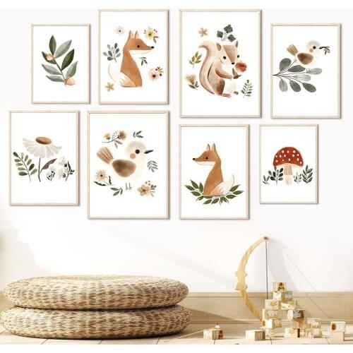 Squirrel Fox Bird Flower Plant Mushroom Nursery Wall Art Canvas Painting Nordic Posters And Prints Wall Pictures Kids Room Decor