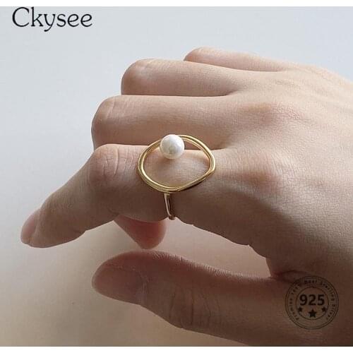 Ckysee 925 Sterling Silver Open Adjustable Rings for Women Irregular Hollow Circle Pearl Ring Wedding Jewelry