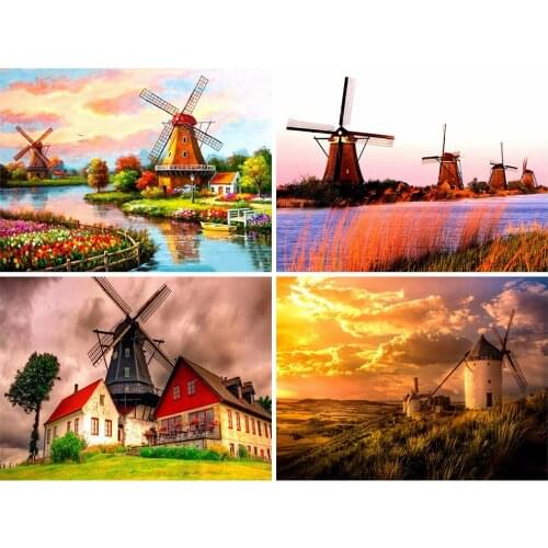 Windmill Countryside Scenery 5D Diy Full Square and Round Diamond Painting Embroidery Cross Stitch Wall Art Handcraft Home Decor