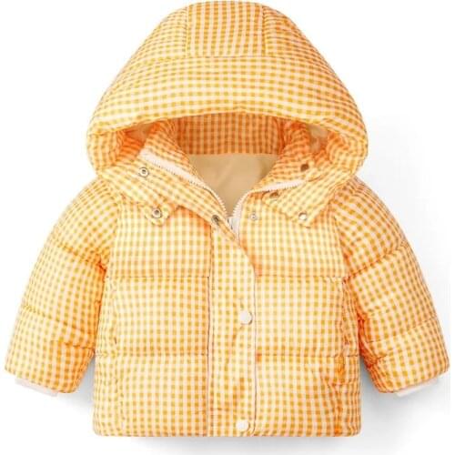 Winter Childrens Baby Cotton Coat 2021 New Girl High Collar Hooded Thick Padded Jacket Boys Plaid Down Cotton Jacket