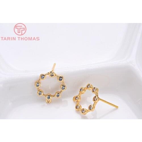 4PCS 14x12MM 24K Gold Color Brass with Zircon Round Shaped Stud Earrings High Quality Jewelry Accessories