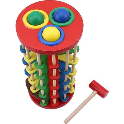 Hot Selling Creative Pound And Roll Wooden Tower With Hammer Knock The Ball Rolling Off Ladder Early Education Baby Toys