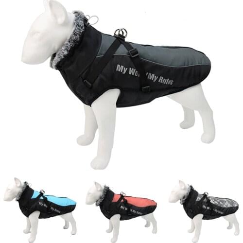 Reflective Winter Dog Coat Clothes Warm Thick Harness Jacket Clothes Vest Waterproof Pet Clothing With Fur Collar For Large Dog