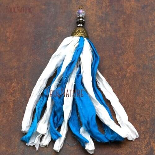 New Boho White Blue Sari Silk Tassel Necklace Earring Making Hand Knot Long Tassel Jewelry Bronze Cap In 6.8 inch PM7925