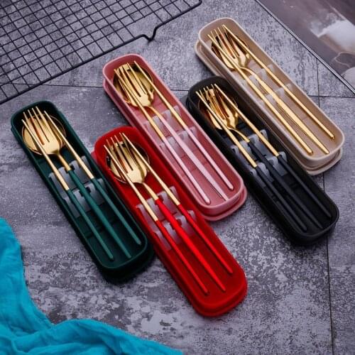 Ins stainless steel tableware fork spoon chopsticks student travel storage box portable three-piece spoon chopsticks set