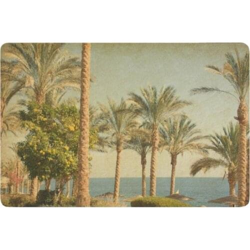 Nature Anti-slip Door Mat Home Decor, Vintage Retro Beach with Palm Trees amid the Blue Sea and Sky Indoor Outdoor Doormat