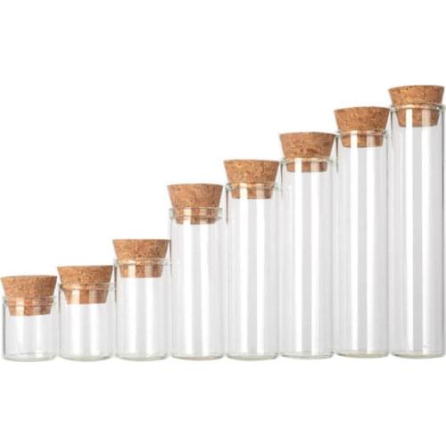 50pcs/lot 2.5ml to 22ml Flat Top Glass packing bottles, Wishing jars, Test Tubes with Cork Stoppers Bottom Diameter 13mm to 22mm