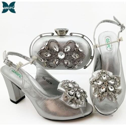 Sliver Color Wedding Clutch Bag Match African Women Shoes and Bag Matching Set Italian design Shoes and Bag Match To Party