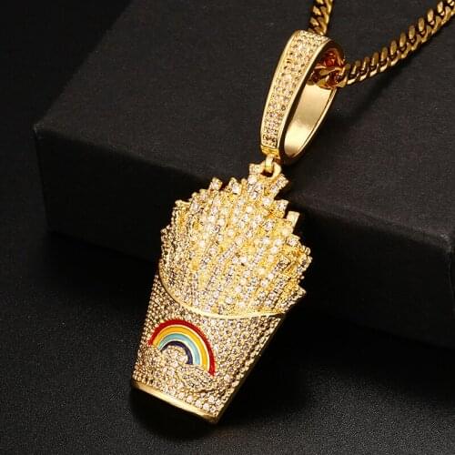 Trendy French Fries Shape Pendant Boy Girl Women Full Zircon Gift Necklace Pendant Personality Engraved Name Men Hip Hop Jewelry