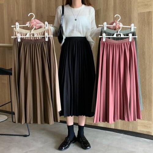 TingYiLi Autumn Winter Plain Pleated Skirts Womens High Waist Black Beige Green Coffee Red Long Skirt Korean Style School Skirt