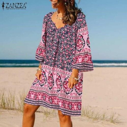 ZANZEA Bohemian Women Floral Printed Beach Dress Casual 3/4 Sleeve Loose Short Vestidos Robe Summer Vintage Holiday Sundress