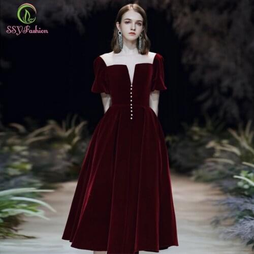 SSYFashion New Wine Red Velour Evening Dress Banquet Elegant Vintage Tea-length Short Sleeve Party Formal Gowns Vestido De Noche