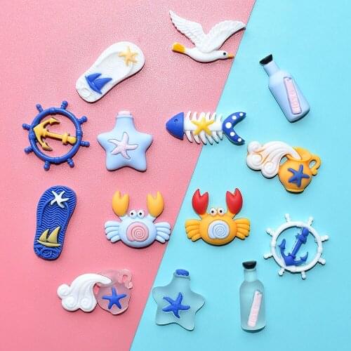 100pcs Resin Drift Bottles Flat Back Convex Round, Cartoon Crab Fish Bone Seagull Beach Ocean Series DIY Scrapbook Decoration