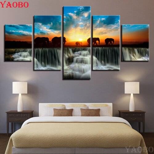 5 Panel DIY Diamond Painting Elephant Sunset waterfall Scenery Full Square Round Diamond Embroidery Mosaic Picture Of Rhinestone