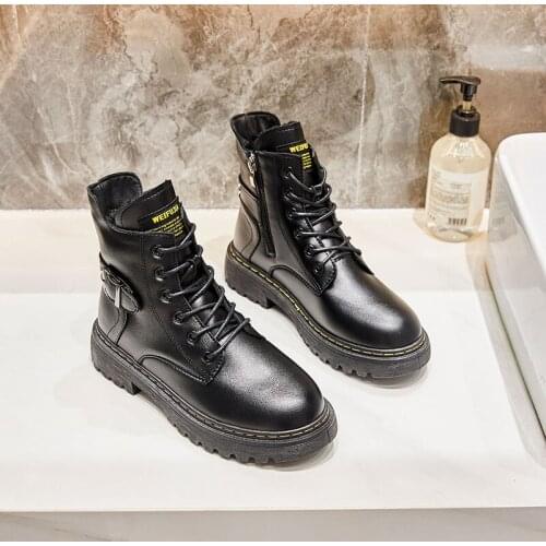 Women Autumn Winter Boots Buttons British Style Plush Warm Boot Ladies Platform PU Leather Martin Shoes Fashion Womens Shoes