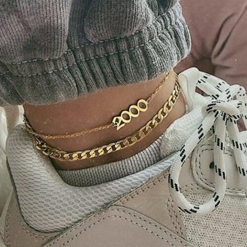 VKME Boho Letter Gold Chains Anklets For Women Cuban Link Metal 2020 Birth Year Adjustable Anklet Leg Bracelet Summer Jewelry