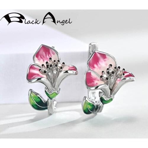 BLACK ANGEL Green Leaf Pink Enamel Morning Glory Clip Earrings For Women 925 Silver CZ Flower Fashion Ear Jewelry Christmas Gift