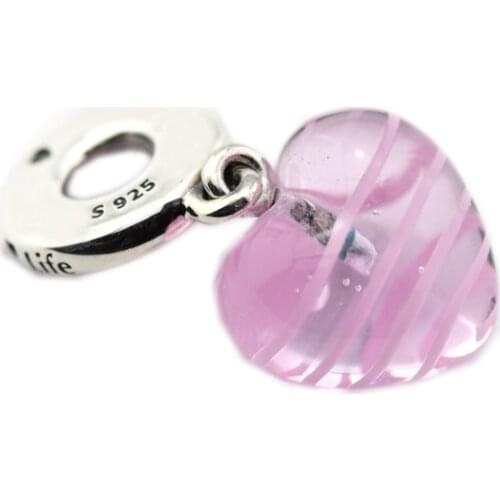 CKK Silver 925 Jewelry Fits Pandora Bracelets Pink Ribbon Heart Dangle Charm, Murano Glass Item Charms Original Beads
