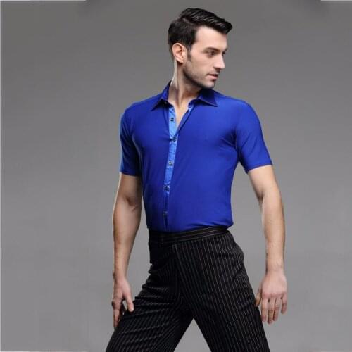 Cheap Latin Dancing Shirts For Male Short Sleeves Blue Shirts Chacha Salsa Paso Party Economic Men Ballroom Dancing Clothes 7041