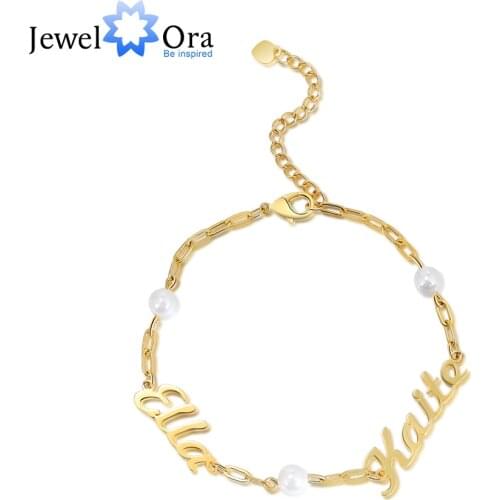 JewelOra Designer Personalized 2 Nameplate Bracelets with Pearl Custom Name Letter Adjustable Chain Bracelet Gift for Lovers