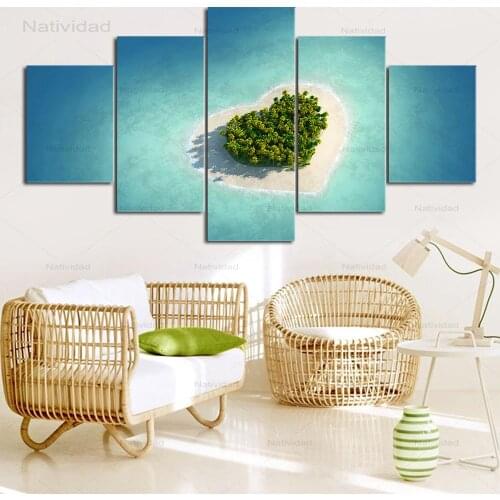 Home Decor 5 Pieces Canvas Painting Maldive Blue Water Love Ocean Island Heart Beach Pictures for Living Room Wall Art Poster
