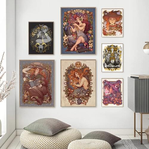 Folk Witch Nouveau Medusa Dollmaker Vintage Poster Canvas Painting Athena Minerva Goddess Greek Owl Nouveau Prints Home Decor