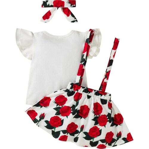 Fashion Girls Summer Clothes Sets 3pcs Solid Flare Sleeve Pullover T Shirts Tops Flower Suspender Skirt Headband