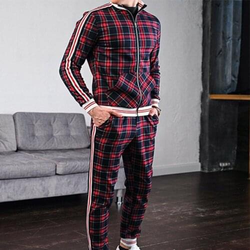 Mens Tracksuit 3D Print Grid Two-Piece Patchwork ZipperJacke+Joggers Pants Small Leg Trouser Suits Slim Classic Sportswear