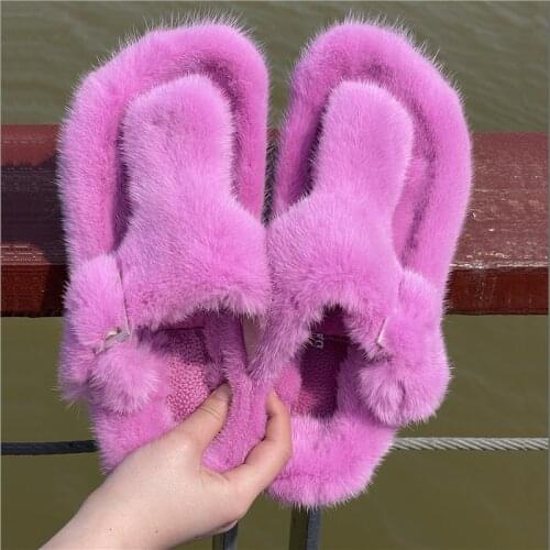 Summer Women Sandals Outdoor Fur Slides ,Shoes Fluffy Fur Slippers Opes Toe Wedge Platform Casual Lady Slippers