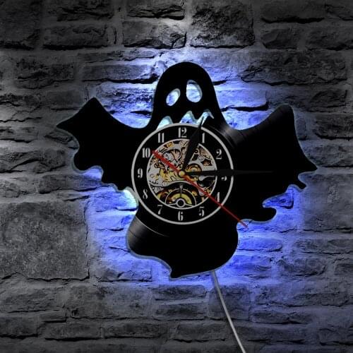 Ghost Vinyl Wall Clock Halloween Led Light Silhouette Wall Lamp Backlight Vintage LP Modern Wall Art Decor Gift For Kids