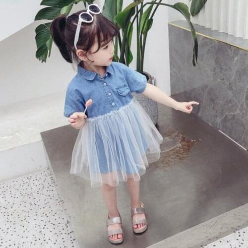 DFXD Toddler Girls Summer Dress New Fashion Short Sleeve Denim Yarn Patchwork Kids Dresses Girls Ball Gown Elegant Dress 2-7T