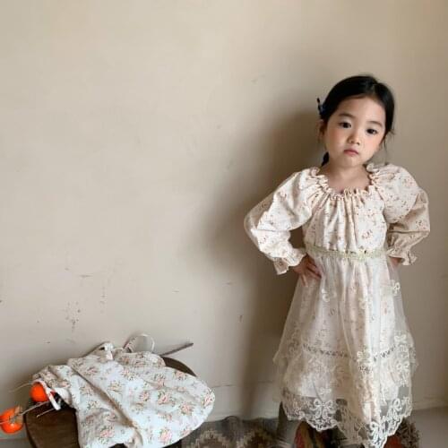 Spring and Autumn New Arrival korean style girls dress princess long sleeve two pieces with lace mesh apron for cute baby girls