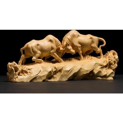 Spanish Bulls Fight Animal Statue Sculpture Chinese Boxwood Home Decoration Wood Carving