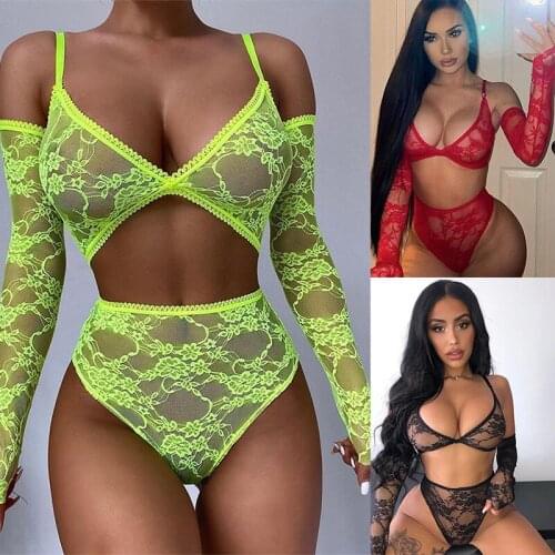 Sexy Three-piece Suit Women Hollow Out Lingerie Lace Gloves Seamless Bra And Panty Sets Female Deep V Hot Erotic Underwear Set