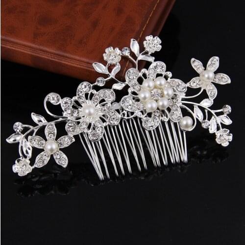 SLBRIDAL Art Deco Silver Color Rhinestones Crystal Pearls Flower Leaf Wedding Hair Comb Bridal Hair Accessories Hair Jewelry