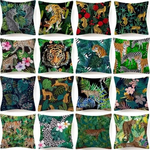 Tropical Jungle Tiger Leopard Floral Cushion Cover Pillow Case Flowers Green Leave Pillow Cover Sofa Chair Pillow Case Decor