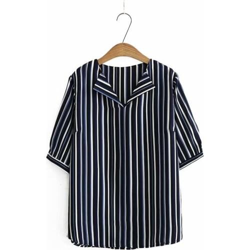 Plus Size XL-4XL Red Black Tops Women V-neck Blouse Striped Half Sleeve Female Elegant Blusas