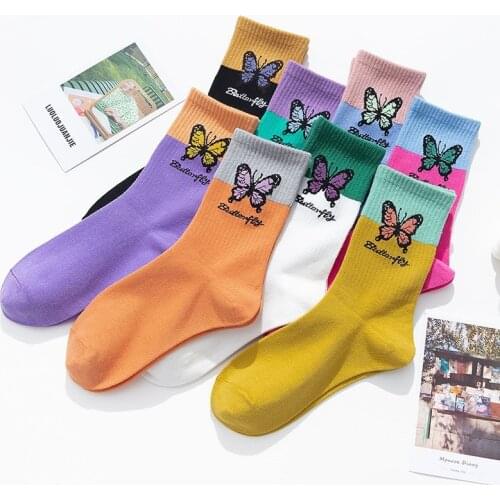 Women Cotton Socks Butterfly Pattern Socks Purple Female Ins Korean Style Streetwear Harajuku Hip Hop Crew Socks Streetwear Meia
